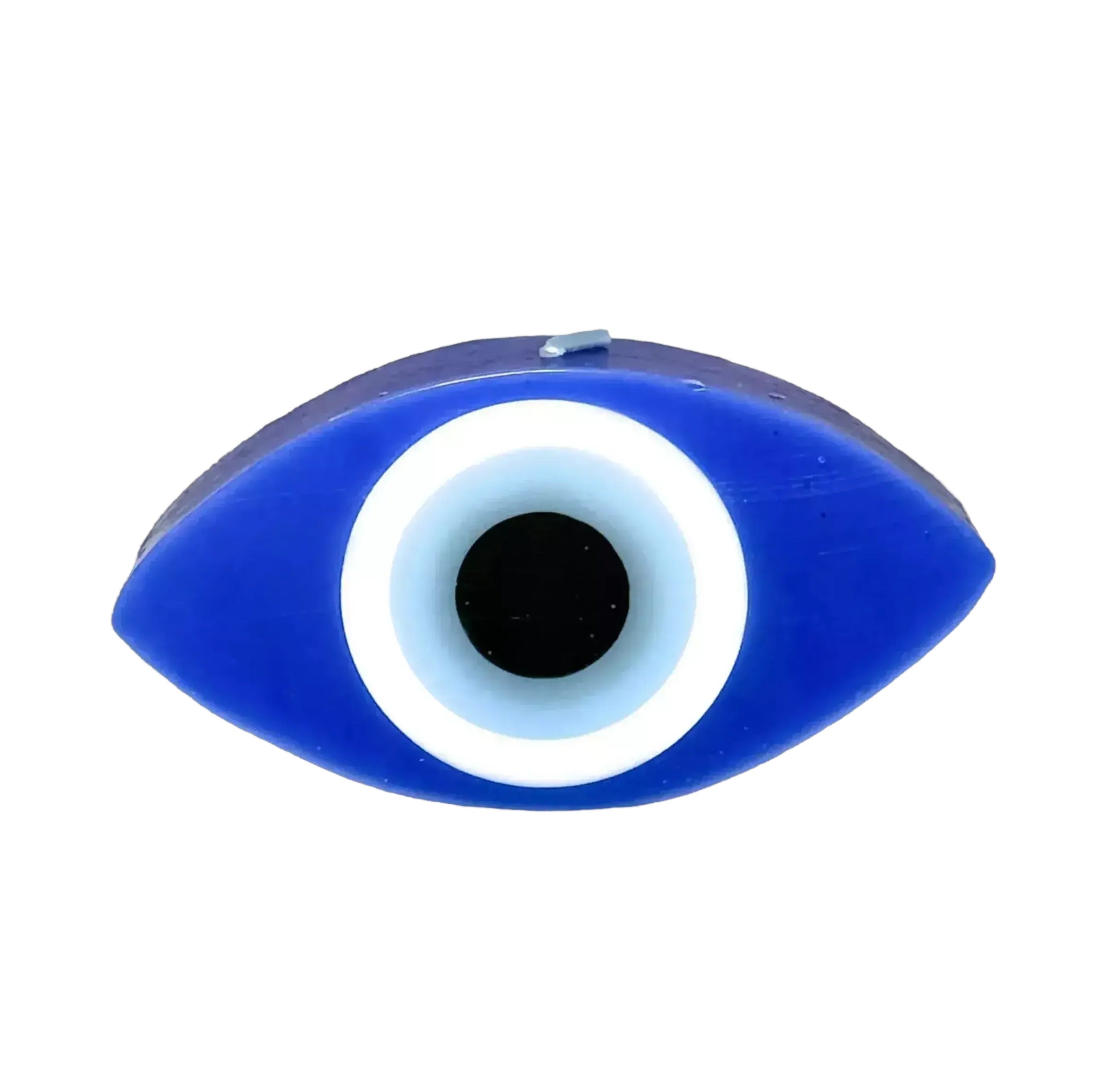 A blue and white eye-shaped object against a black background.